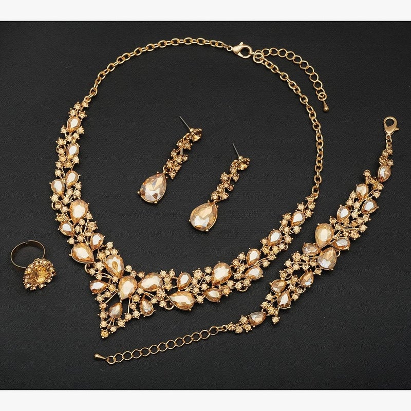 CSY 4 Pcs/Set Austrian Crystal Necklace Earrings Bracelet Ring Bridal Jewelry Sets for Brides Wedding Party Costume Accessories Gifts for Women - Image 4